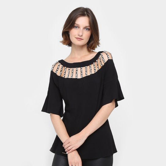 Blusa Holin Stone Recortes Apliques Femininas - Preto