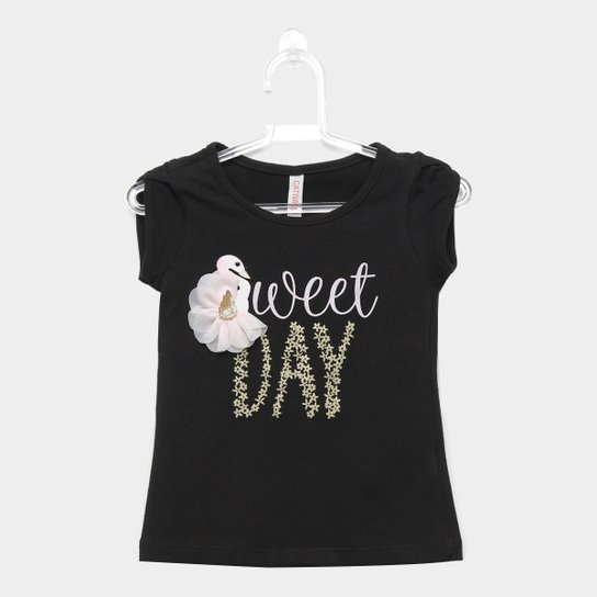 Blusa Infantil Cativa Manga Curta Estampada Feminina - Preto