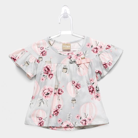 Blusa Infantil Milon Balões Lacinho Feminina - Cinza Claro