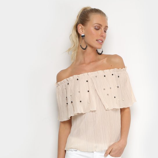 Blusa JIN Ciganinha Pérolas Feminina - Bege