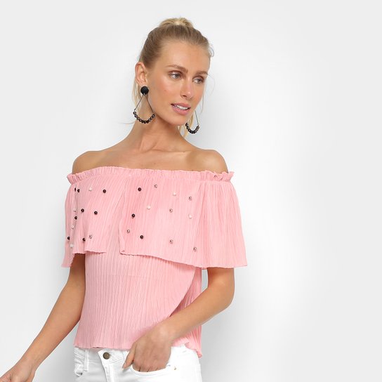 Blusa JIN Ciganinha Pérolas Feminina - Rosa