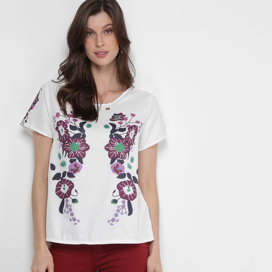 Blusa JIN Estampada Colorida Feminina - Branco+Rosa