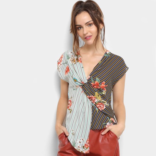 Blusa Jin Estampada com Zíper nas Costas Feminina - Azul+Branco