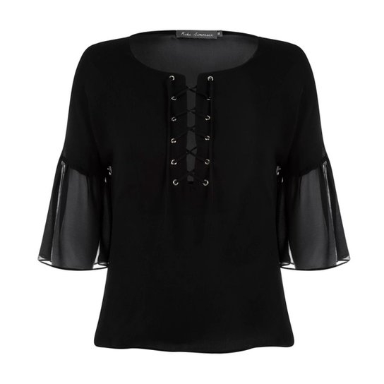 Blusa Kika Simonsen Manga Babado Feminina - Preto