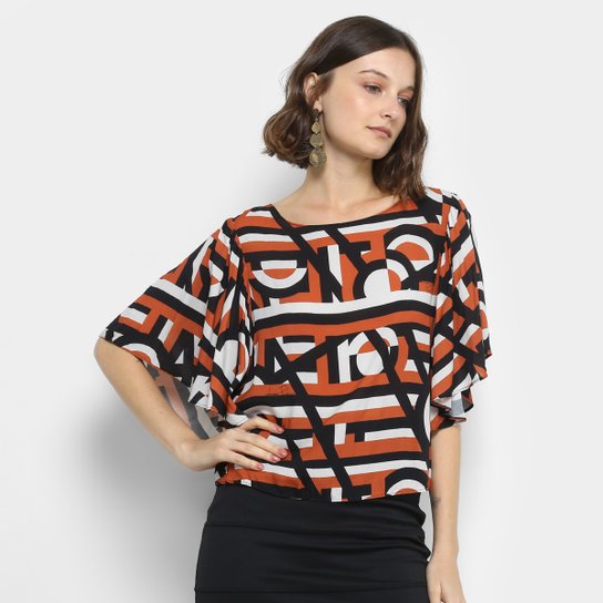 Blusa Lança Perfume Manga Curta Babado Feminina - Preto+Laranja