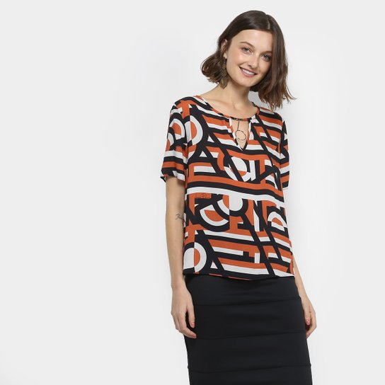 Blusa Lança Perfume Manga Curta Estampada Feminina - Preto+Laranja
