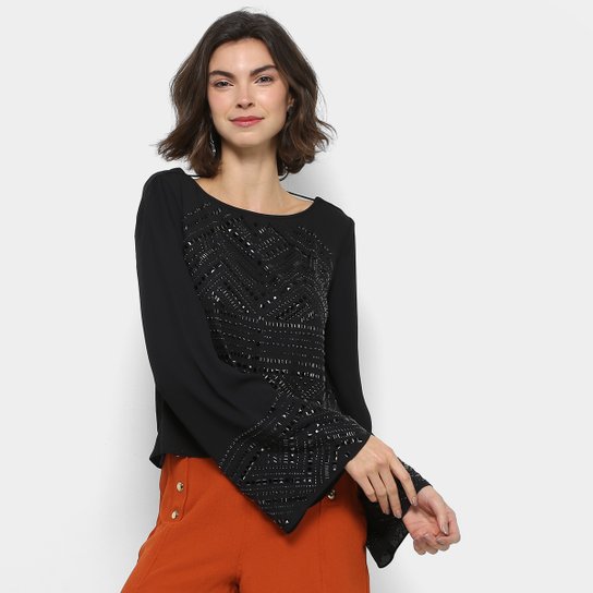 Blusa Lança Perfume Manga Sino Hotfix Feminina - Preto