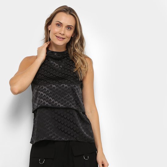 Blusa Malharia Nacional Gola Alta Babado Feminina - Preto