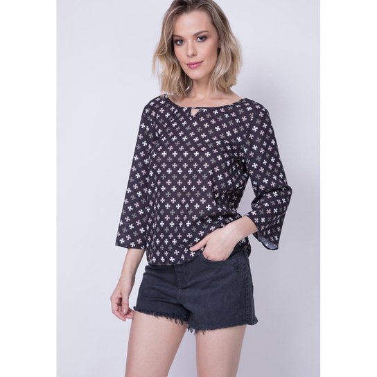 Blusa Manga 3/4 Estampada Lança Perfume - Preto