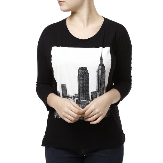 Blusa Manga 3/4 Tangram Feminina - Preto