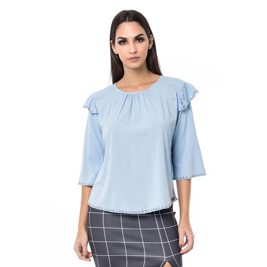 Blusa Moikana Com Babados Nos Ombros - Azul