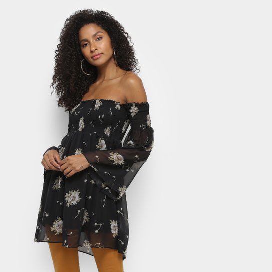 Blusa Ombro a Ombro Alongada Fiya Lady Estampada Floral Feminina - Preto