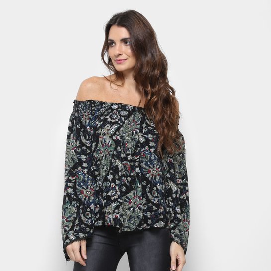 Blusa Ombro a Ombro Fiya Lady Estampada Feminina - Preto+verde