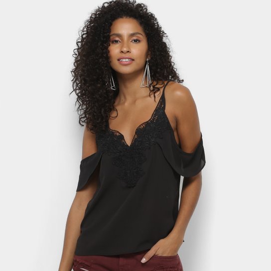 Blusa Open Shoulder Aishty Guipir Feminina - Preto