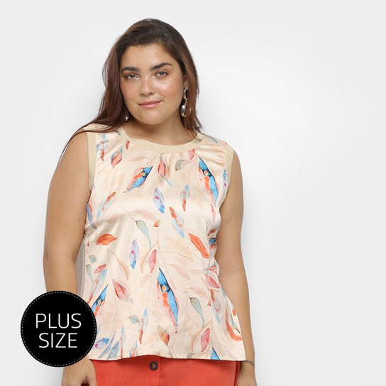 Blusa Regata Heli Plus Size Estampada Feminina - Bege