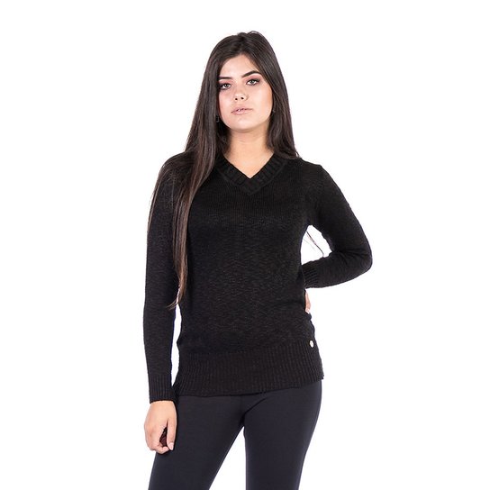 Blusa Tricot Malhas Carlan Basic Decote V Feminina - Preto