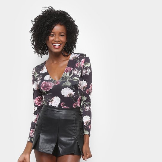 Body Lança Perfume Manga Longa Estampado Feminino - Bege+Preto