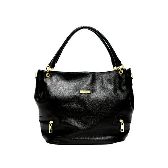 Bolsa Couro Legítimo Grande Com Alça Regulável Flor da Pele - Preto