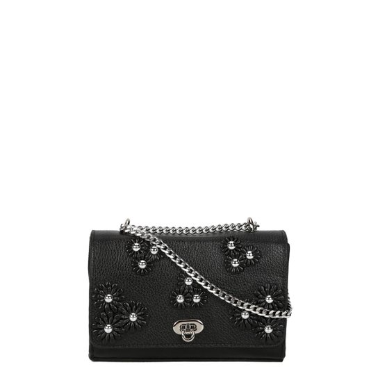 Bolsa Couro Luiza Barcelos Flap Flowers Feminina - Preto