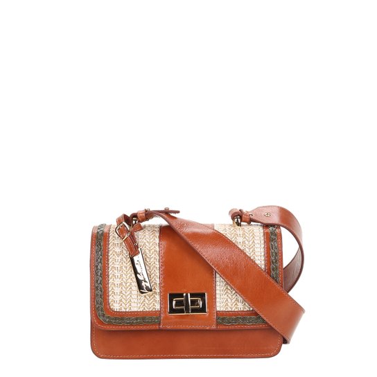 Bolsa Couro Luiza Barcelos Flap Riviera Feminina - Caramelo+Bege
