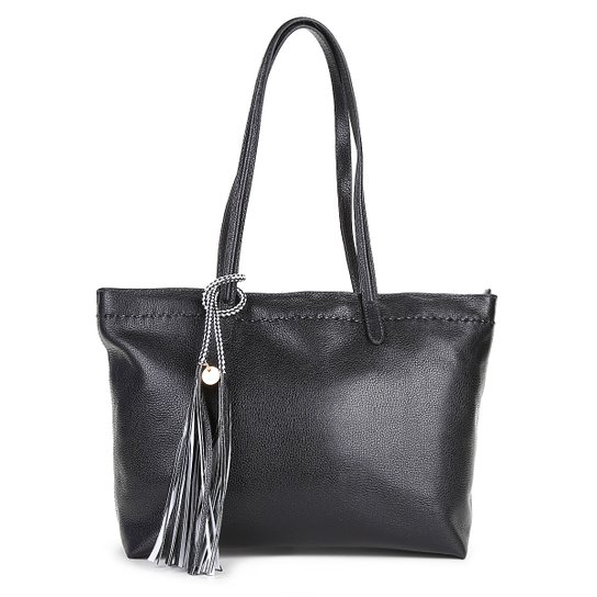 Bolsa Couro Luz Da Lua Shopper Cordão Barbicacho Feminina - Preto
