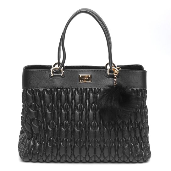 Bolsa Couro Luz da Lua Shopper Matelassê Pompom Feminina - Preto