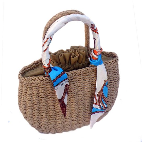 Bolsa de Palha Cestinha Artestore Pequena Básica com Lenço - Bege