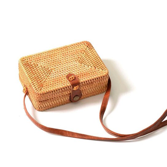 Bolsa de Palha Mini Bag Quadrada em Rattan com Couro Pu - Bege