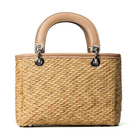 Bolsa de Palha Rattan com Couro Alça de Mão e Ombro Lisa - Caramelo