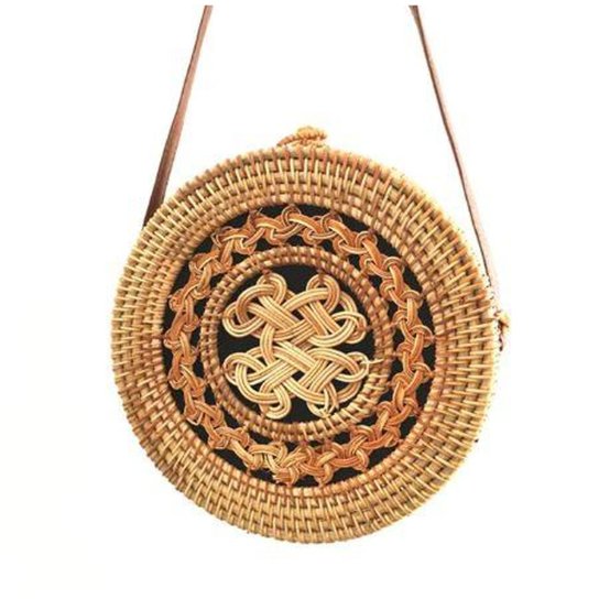Bolsa de Palha Redonda Rattan com Alça de Couro PU - Bege