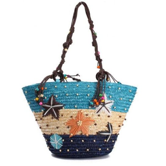 Bolsa de Praia Palha com Bordados e Contas de Madeira Estrela do Mar - Azul
