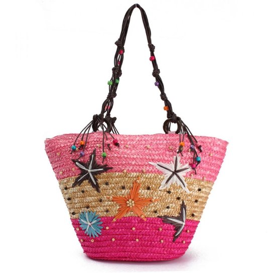 Bolsa de Praia Palha com Bordados e Contas de Madeira Estrela do Mar - Rosa