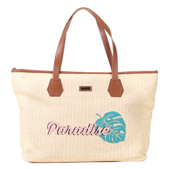 Bolsa Santa Lolla Shoper Rafia Feminina - Bege+Preto