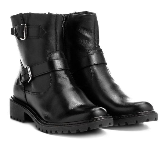 Bota Biker Shoestock Couro Tratorada Feminina - Preto
