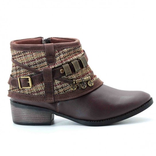 Bota Cano Baixo Vira Tecido Etnico Apliques Guarani - Marrom