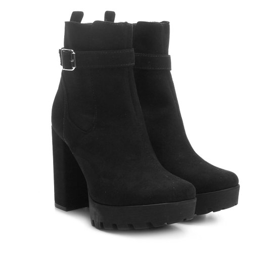 Bota Cano Curto Mixage Tratorada Nobuck Fivela Lateral Feminina - Preto