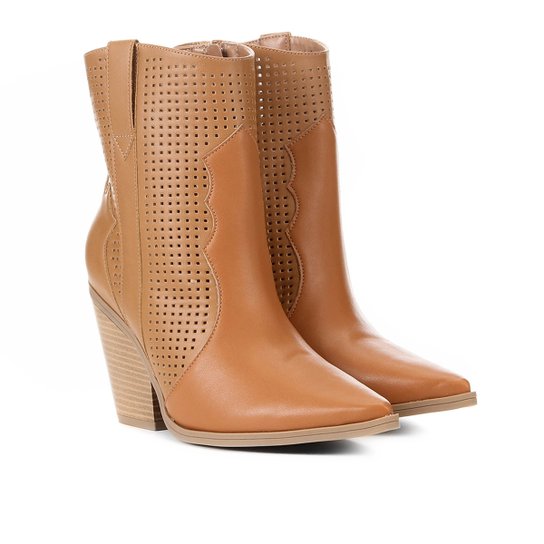 Bota Country Ramarim Bico Fino Western Detalhes Laser Feminina - Caramelo