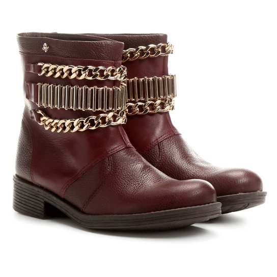 Bota Couro Biker Cravo & Canela Correntes Feminina - Vinho