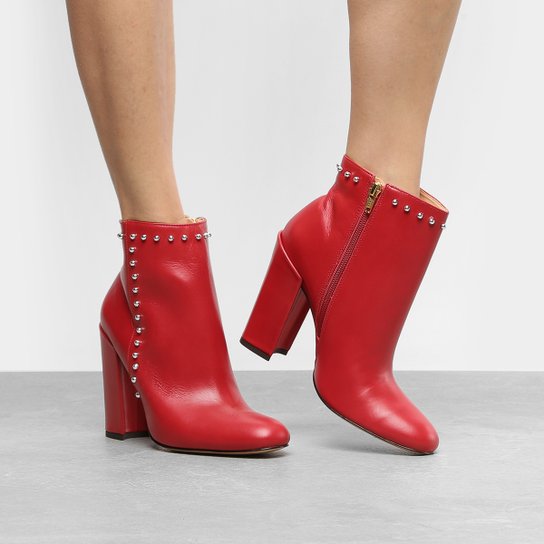Bota Couro Cano Curto Luiza Barcelos Rebites Feminina - Vermelho