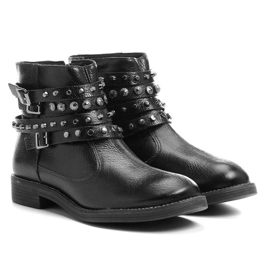 Bota Couro Cano Curto Raphaella Booz Multi Tiras e Metais Feminina - Preto
