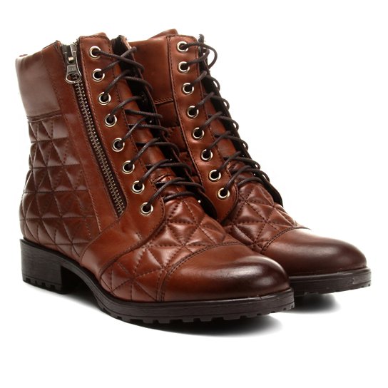 Bota Couro Cano Curto Shoestock Coturno Matelassê Feminina - Marrom