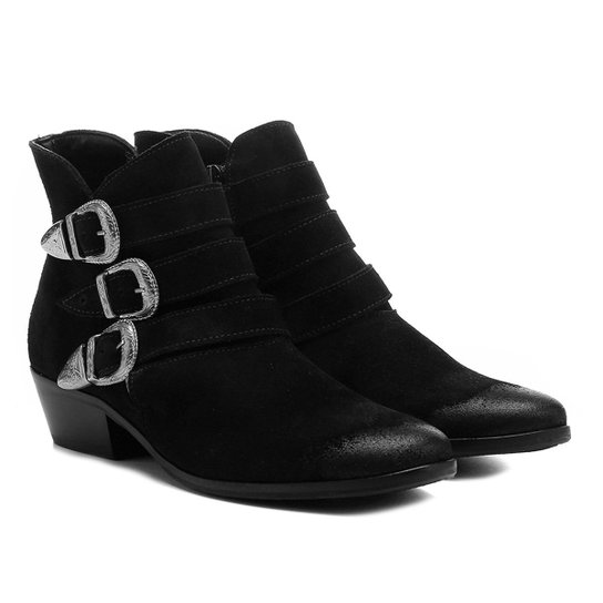 Bota Couro Cano Curto Shoestock Fivelas - Preto