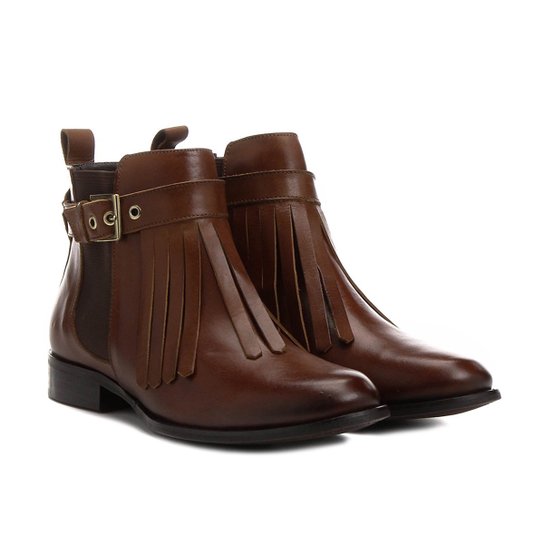 Bota Couro Cano Curto Shoestock Franjas Feminina - Caramelo
