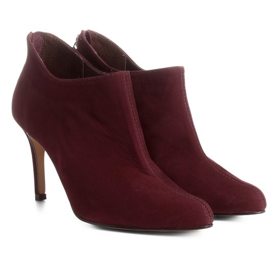 Bota Couro Cano Curto Shoestock Ondas Salto Alto Feminina - Vinho