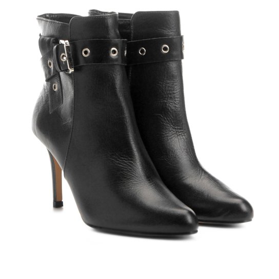 Bota Couro Cano Curto Shoestock Salto Fino Fivela Feminina - Preto