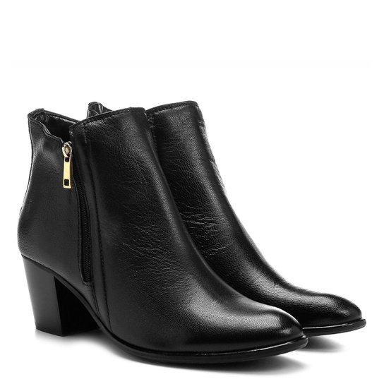 Bota Couro Cano Curto Shoestock Zíper Feminina - Preto