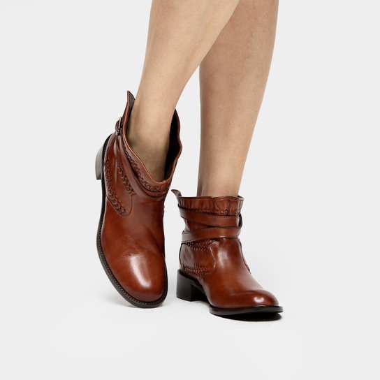 Bota Couro Cano Curto Toni Salloum Multi Tiras Feminina - Caramelo