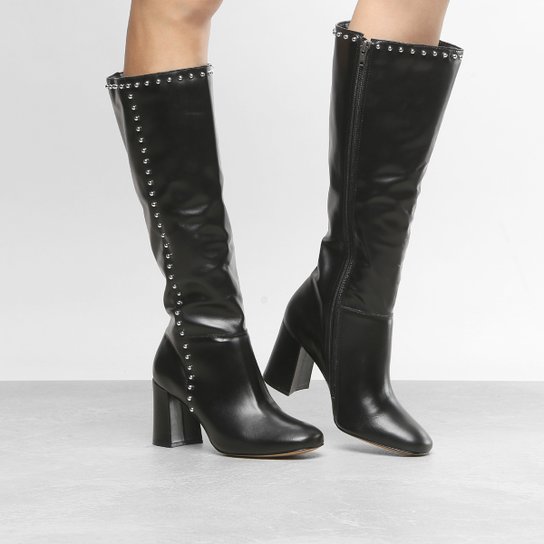 Bota Couro Cano Longo Luiza Barcelos Rebites Feminina - Preto