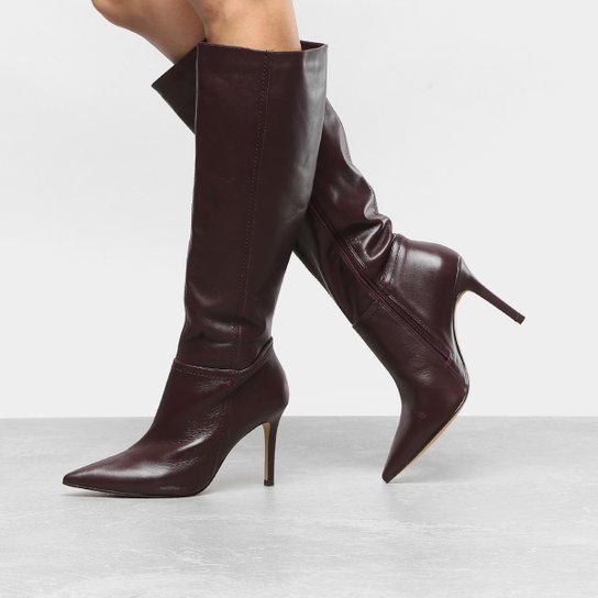 Bota Couro Cano Longo Shoestock Salto Fino Feminina - Vinho