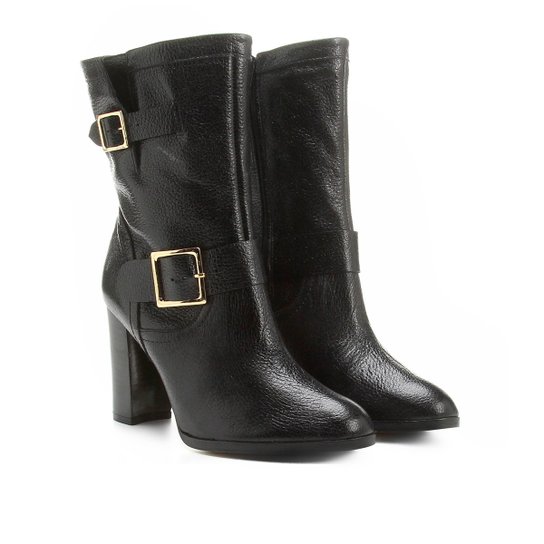Bota Couro Cano Médio Shoestock Fivelas Feminina - Preto